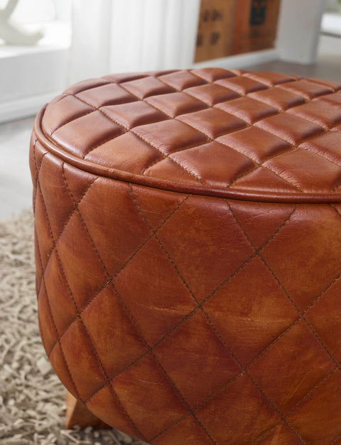 Rootz Kruk - Echt Leer - Moderne Ronde Voet Kruk - Bruin Turnbock Leer - Kleine Gestoffeerde Houten Kruk - Massief Hout - 35x46x35cm 