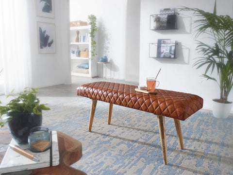 Rootz Bench - Echt leer - Gestoffeerde 2-zitsbank - Bruin voor hal of eetkamer - Kleine leren bedbank - Massief hout - 115x53x38cm 