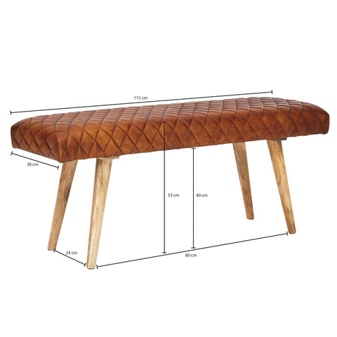 Rootz Bench - Echt leer - Gestoffeerde 2-zitsbank - Bruin voor hal of eetkamer - Kleine leren bedbank - Massief hout - 115x53x38cm 