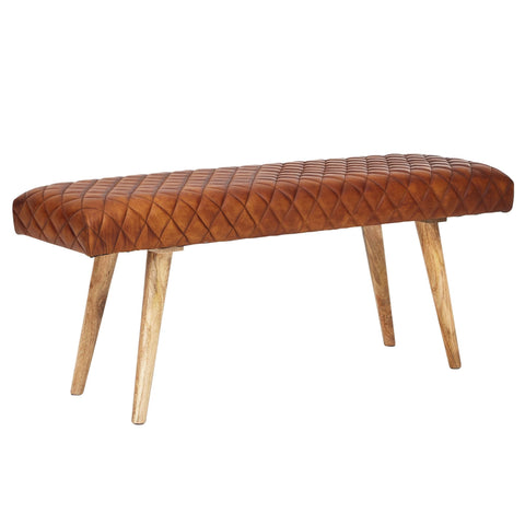 Rootz Bench - Echt leer - Gestoffeerde 2-zitsbank - Bruin voor hal of eetkamer - Kleine leren bedbank - Massief hout - 115x53x38cm 
