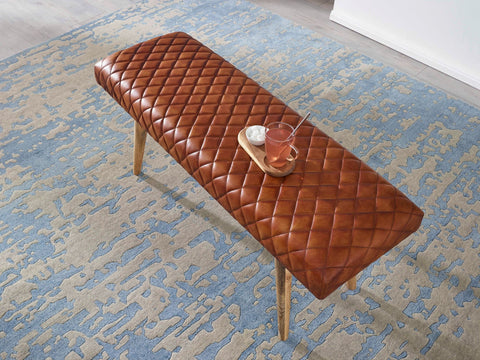 Rootz Bench - Echt leer - Gestoffeerde 2-zitsbank - Bruin voor hal of eetkamer - Kleine leren bedbank - Massief hout - 115x53x38cm 