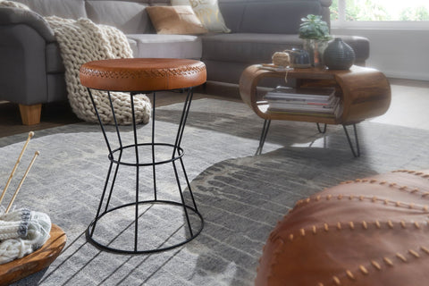 Rootz Hocker – Echtes Leder – Rundes Design – Dekorativer braun gepolsterter moderner Lederhocker – Metall – 35 x 48 x 35 cm 