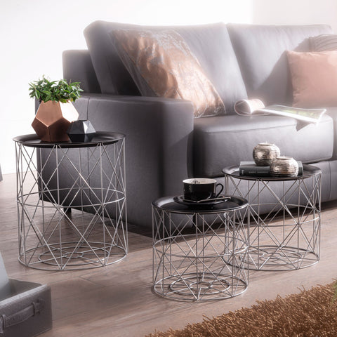 Rootz Side Tables - Set Of 3 - Metal Side Tables - Black - Silver - Removable Tray