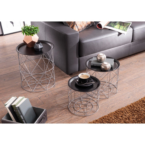 Rootz Side Tables - Set Of 3 - Metal Side Tables - Black - Silver - Removable Tray
