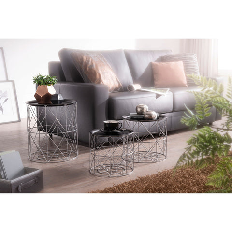 Rootz Side Tables - Set Of 3 - Metal Side Tables - Black - Silver - Removable Tray