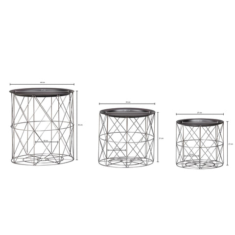 Rootz Side Tables - Set Of 3 - Metal Side Tables - Black - Silver - Removable Tray
