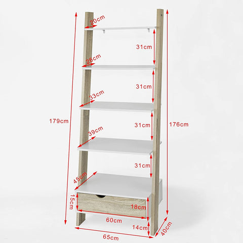 Rootz Ladder Shelf Wall Shelf Bookcase Storage Display Shelving Unit with 4 Shelves and Drawer