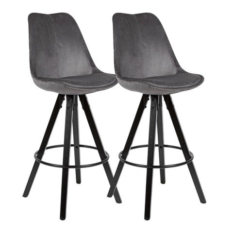Rootz Bar Stools - Dark Gray/Black -  Set of 2 - Design Velvet Barstools - Solid Wood Scandinavian (2 Pieces) - Counter Stools with Backrest - Seat Height 77cm