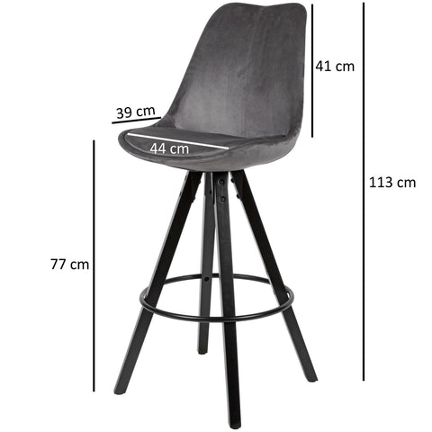 Rootz Bar Stools - Dark Gray/Black -  Set of 2 - Design Velvet Barstools - Solid Wood Scandinavian (2 Pieces) - Counter Stools with Backrest - Seat Height 77cm