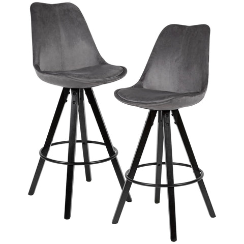 Rootz Bar Stools - Dark Gray/Black -  Set of 2 - Design Velvet Barstools - Solid Wood Scandinavian (2 Pieces) - Counter Stools with Backrest - Seat Height 77cm