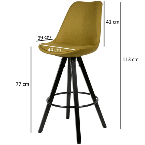 Rootz Bar Stools - Curry/Black - Design Fabric Bar Chairs - Solid Wood Scandinavian (2 Pieces) - Set of 2 Counter Stools with Backrest - Seat Height 77cm