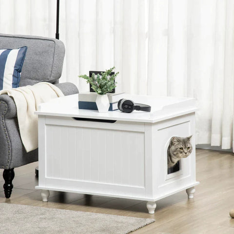 Rootz Litter Box - Cat Litter Box - Cupboard with Storage - Hinged Lid - White - 74 x 52 x 55cm