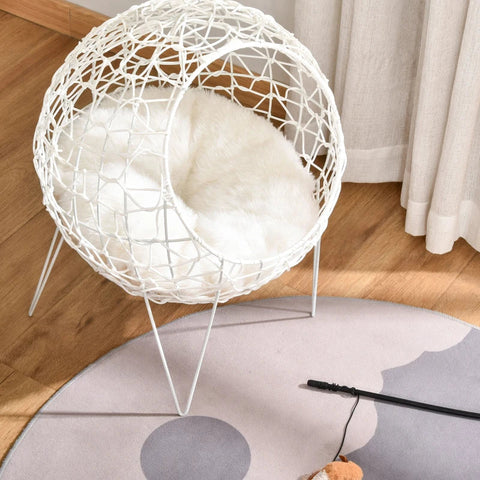 Rootz Rattan Cat Basket - Cat Cave - Cat Hut - Cat Bed with Cushion - Elevated Design - Pet Bed - Cream White - Ø45 x 57H cm