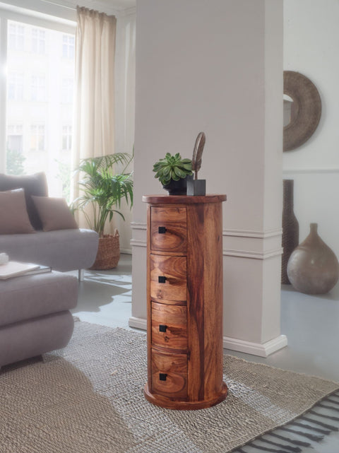 Rootz Sideboard – Schrank mit 4 Schubladen – Schmaler massiver Seitenschrank – Runde Minikommode – Palisander-Massivholz – 35 x 85 x 35 cm 