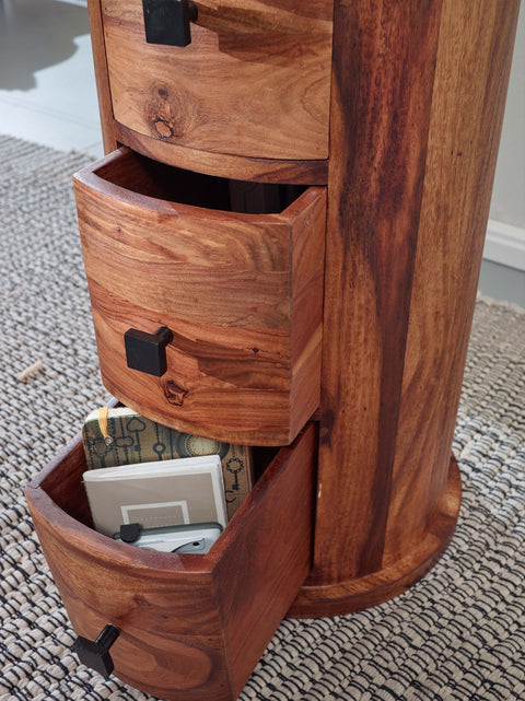 Rootz Sideboard – Schrank mit 4 Schubladen – Schmaler massiver Seitenschrank – Runde Minikommode – Palisander-Massivholz – 35 x 85 x 35 cm 