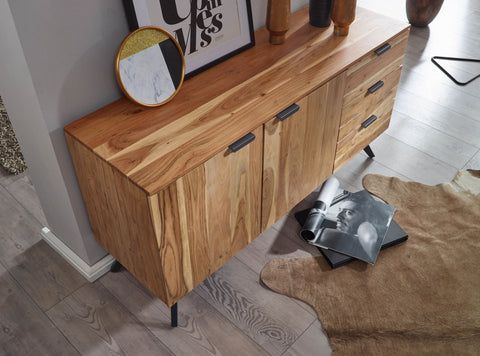 Rootz Dressoir - Moderne halkast - Ladekast met 3 laden en 2 deuren - Massief houten ladekast - Massief acaciahout - 145x75x45cm 