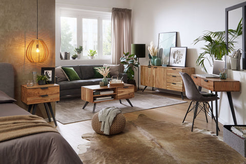 Rootz Dressoir - Moderne halkast - Ladekast met 3 laden en 2 deuren - Massief houten ladekast - Massief acaciahout - 145x75x45cm 