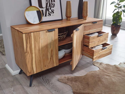 Rootz Dressoir - Moderne halkast - Ladekast met 3 laden en 2 deuren - Massief houten ladekast - Massief acaciahout - 145x75x45cm 