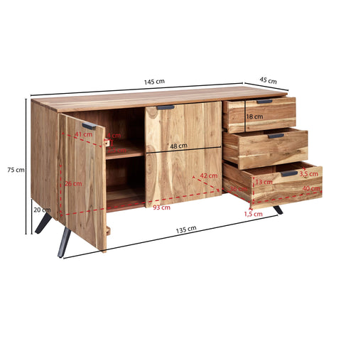 Rootz Dressoir - Moderne halkast - Ladekast met 3 laden en 2 deuren - Massief houten ladekast - Massief acaciahout - 145x75x45cm 