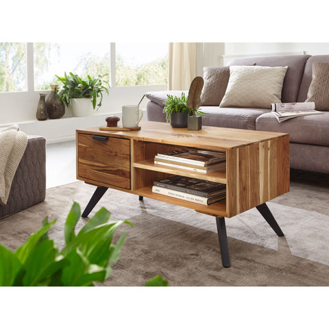 Rootz Coffee Table - Solid Wood - Acacia - Storage Space - Table - 95 x 45 - Brown - Black