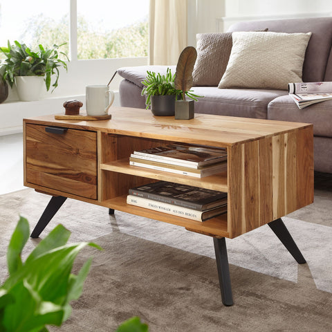 Rootz Coffee Table - Solid Wood - Acacia - Storage Space - Table - 95 x 45 - Brown - Black