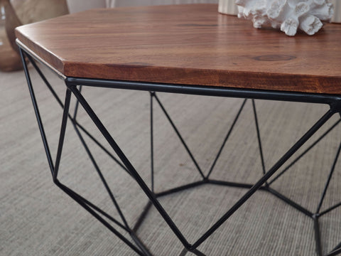 Rootz Couchtisch – Massiver brauner Wohnzimmertisch – moderner industrieller Holztisch – Sheesham-Massivholz – Metall 66 x 40 x 66 cm –