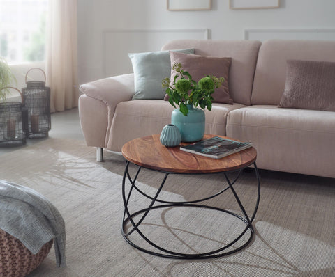 Rootz Couchtisch – runder Wohnzimmertisch, massiv braun – moderner industrieller Holztisch – Sheesham-Massivholz – Metall – 60 x 40 x 60 cm