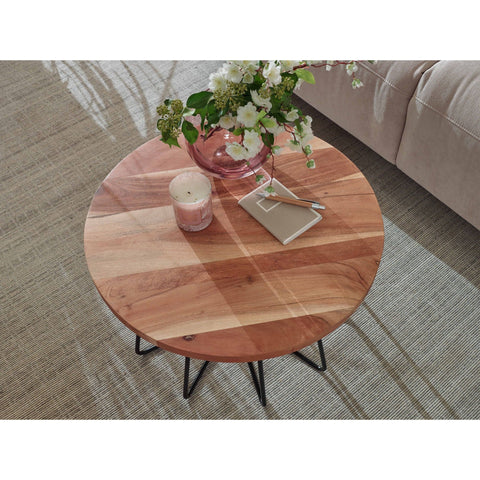 Rootz Salontafel - Massief Houten Tafel - Acaciahout - Rond - Bijzettafel - 60 cm - RVS - Bruin - Zwart