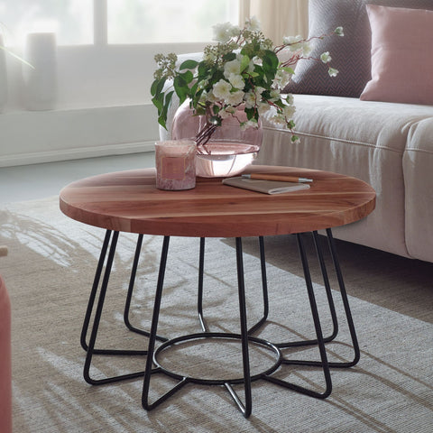 Rootz Salontafel - Massief Houten Tafel - Acaciahout - Rond - Bijzettafel - 60 cm - RVS - Bruin - Zwart