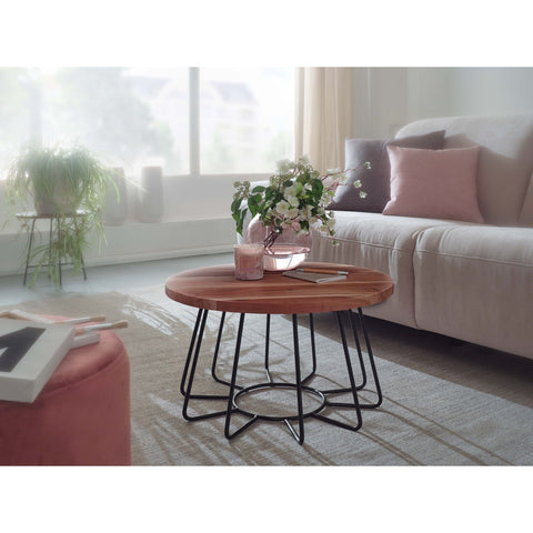 Rootz Salontafel - Massief Houten Tafel - Acaciahout - Rond - Bijzettafel - 60 cm - RVS - Bruin - Zwart