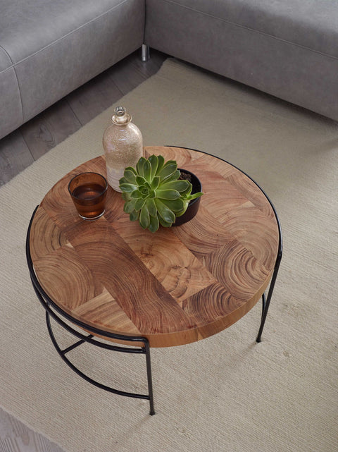 Rootz Couchtisch – Runder Wohnzimmertisch mit Metallbeinen – Kleiner Designer-Industrietisch – Akazien-Massivholz – Metall – 62 x 40 x 62 cm