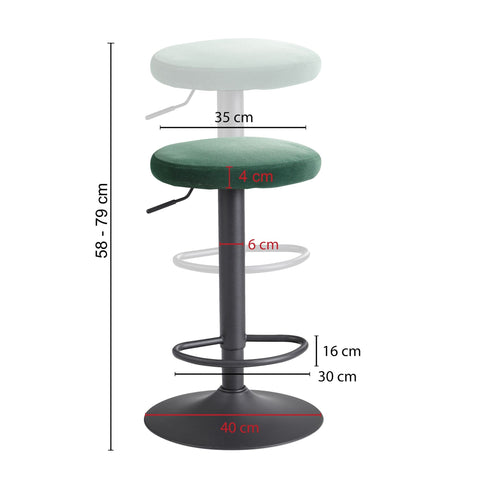 Rootz Bar Stool - Kitchen Stool Fabric-Metal Design - Velvet - Green - Backrest-Free - Adjustable Height 58-79 cm