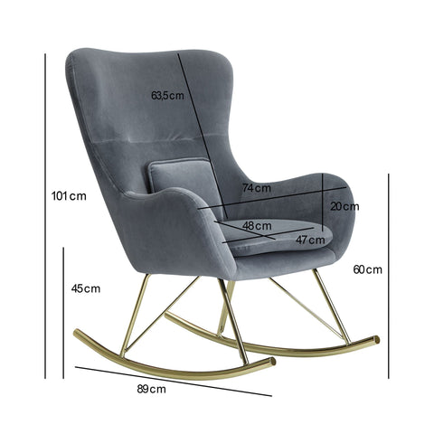 Rootz Rocchair - Metal Dark Gray with Golden Legs - Modern Upholstered Nursing Relax Chair - Velvet - 74x101x89 cm