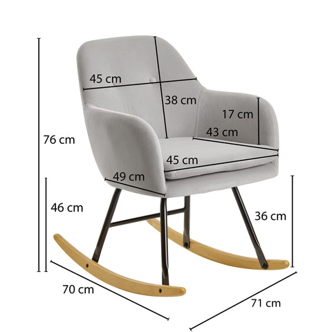 Rootz Rocking chair - Relax chair - Armchair - Relax Armchair - Swing function - Velvet - Iron - Hevea Solid Wood - Light gray / Dark gray
