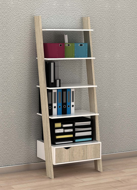 Rootz Ladder Shelf Wall Shelf Bookcase Storage Display Shelving Unit with 4 Shelves and Drawer
