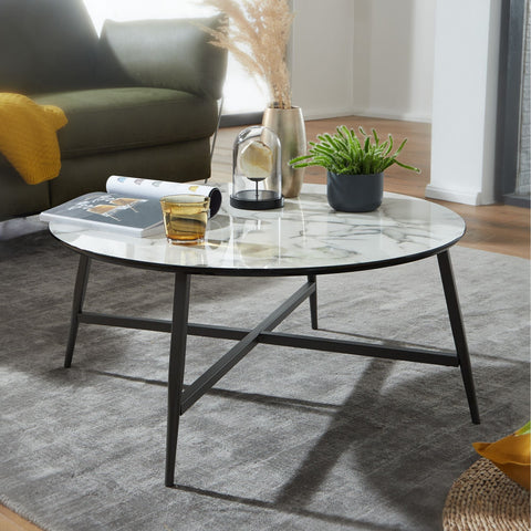 Rootz Coffee Table - Coffee Table - Coffee Tables - Round Coffee Table - Marble Look - Black - 88x37x88cm