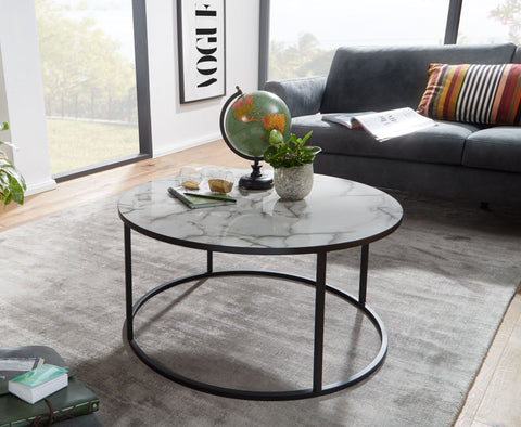 Runder Couchtisch von Rootz – Weißer Marmor-Look – Moderner Wohnzimmertisch mit schwarzem Metallrahmen – 80 x 40 x 80 cm 