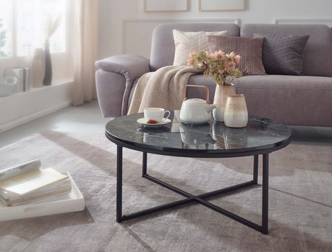 Rootz Couchtisch – Schwarzer Marmor-Look – Wohnzimmertisch mit Metallgestell – Runder Tisch mit Beistelltisch – 80 x 36 x 80 cm