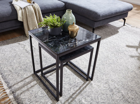 Rootz Beistelltische – 2er-Set eckig in schwarzer Marmoroptik – Couchtisch mit Metallgestell – moderne quadratische Satztische 