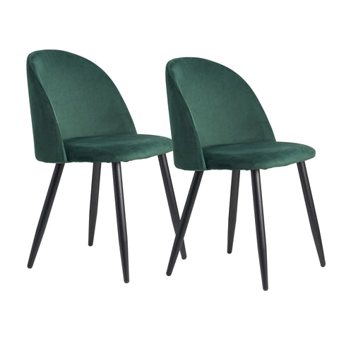 Rootz Dining Chairs - Set of 2 Green Velvet Upholstered - Black Legs - Shell Chair Scandinavian Design - Velvet Cover