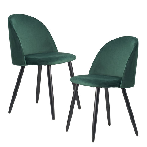 Rootz Dining Chairs - Set of 2 Green Velvet Upholstered - Black Legs - Shell Chair Scandinavian Design - Velvet Cover