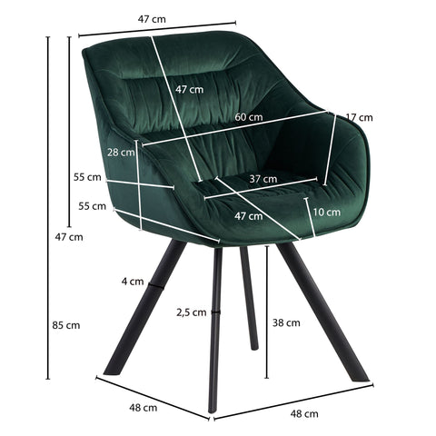 Rootz Upholstered Dining Chair - Green Velvet - Black Legs - Modern Shell Chair with Armrests - Design Fabric Cover