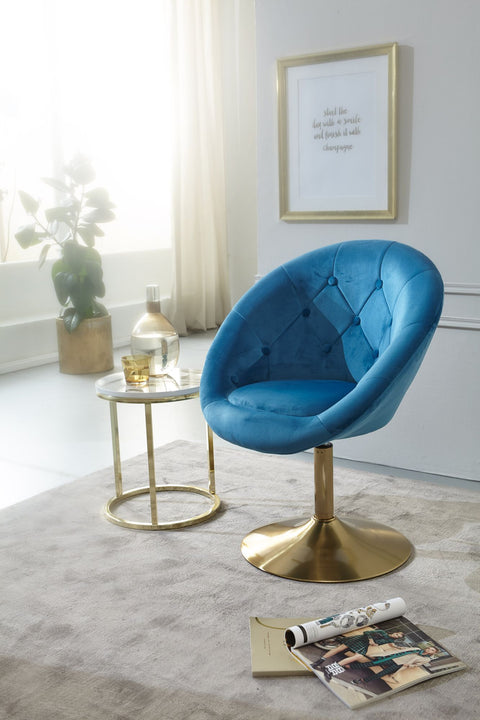 Rootz Draaistoel - Gestoffeerde Club Fauteuil met Rugleuning - Lounge Cocktail Fauteuil met Stoffen Bekleding - Blauw Fluweel en Goud Design