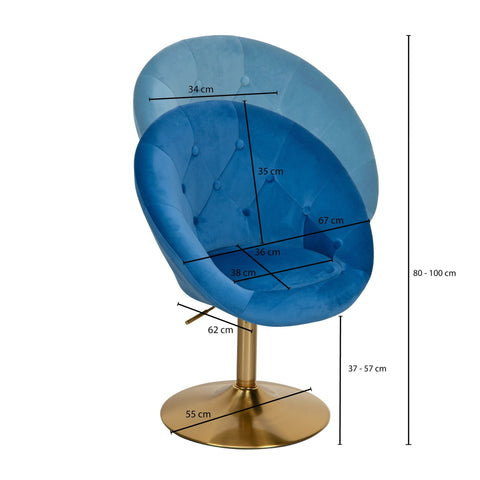 Rootz Draaistoel - Gestoffeerde Club Fauteuil met Rugleuning - Lounge Cocktail Fauteuil met Stoffen Bekleding - Blauw Fluweel en Goud Design