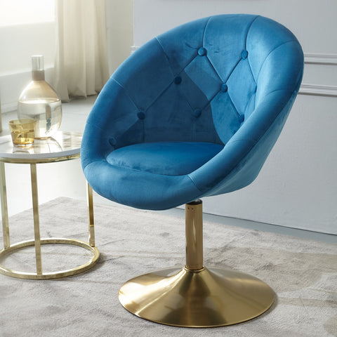 Rootz Draaistoel - Gestoffeerde Club Fauteuil met Rugleuning - Lounge Cocktail Fauteuil met Stoffen Bekleding - Blauw Fluweel en Goud Design