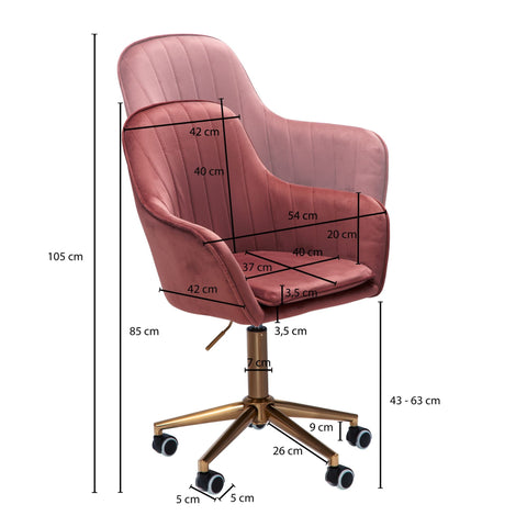 Rootz Desk Chair - Pink Velvet - Design Swivel Chair with Backrest - Height Adjustable - 120kg Work Chair - Shell Chair with Castors