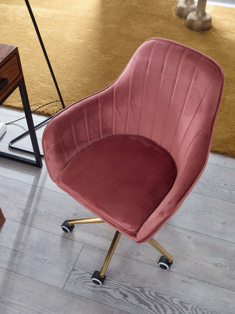 Rootz Desk Chair - Pink Velvet - Design Swivel Chair with Backrest - Height Adjustable - 120kg Work Chair - Shell Chair with Castors
