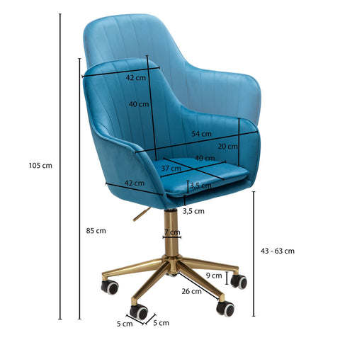 Rootz Desk Chair - Blue Velvet - Design Swivel Chair with Backrest - Height Adjustable - 120kg Work Chair - Shell Chair with Castors