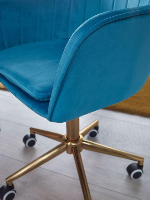 Rootz Desk Chair - Blue Velvet - Design Swivel Chair with Backrest - Height Adjustable - 120kg Work Chair - Shell Chair with Castors