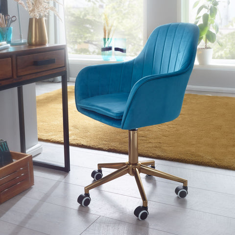 Rootz Desk Chair - Blue Velvet - Design Swivel Chair with Backrest - Height Adjustable - 120kg Work Chair - Shell Chair with Castors
